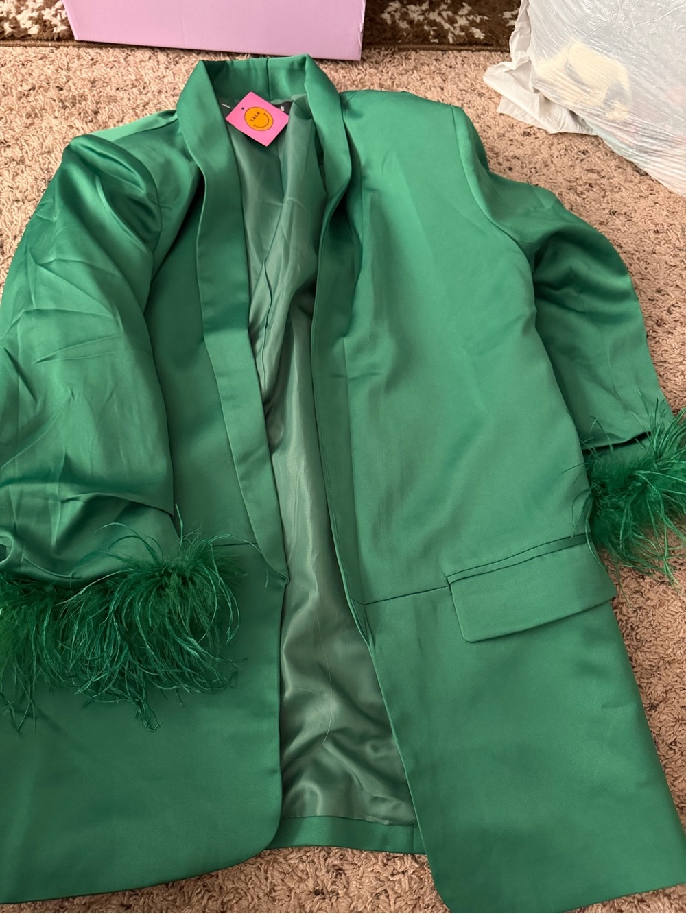 Dressed in LALA Emerald Green Feather-Cuff Open Blazer